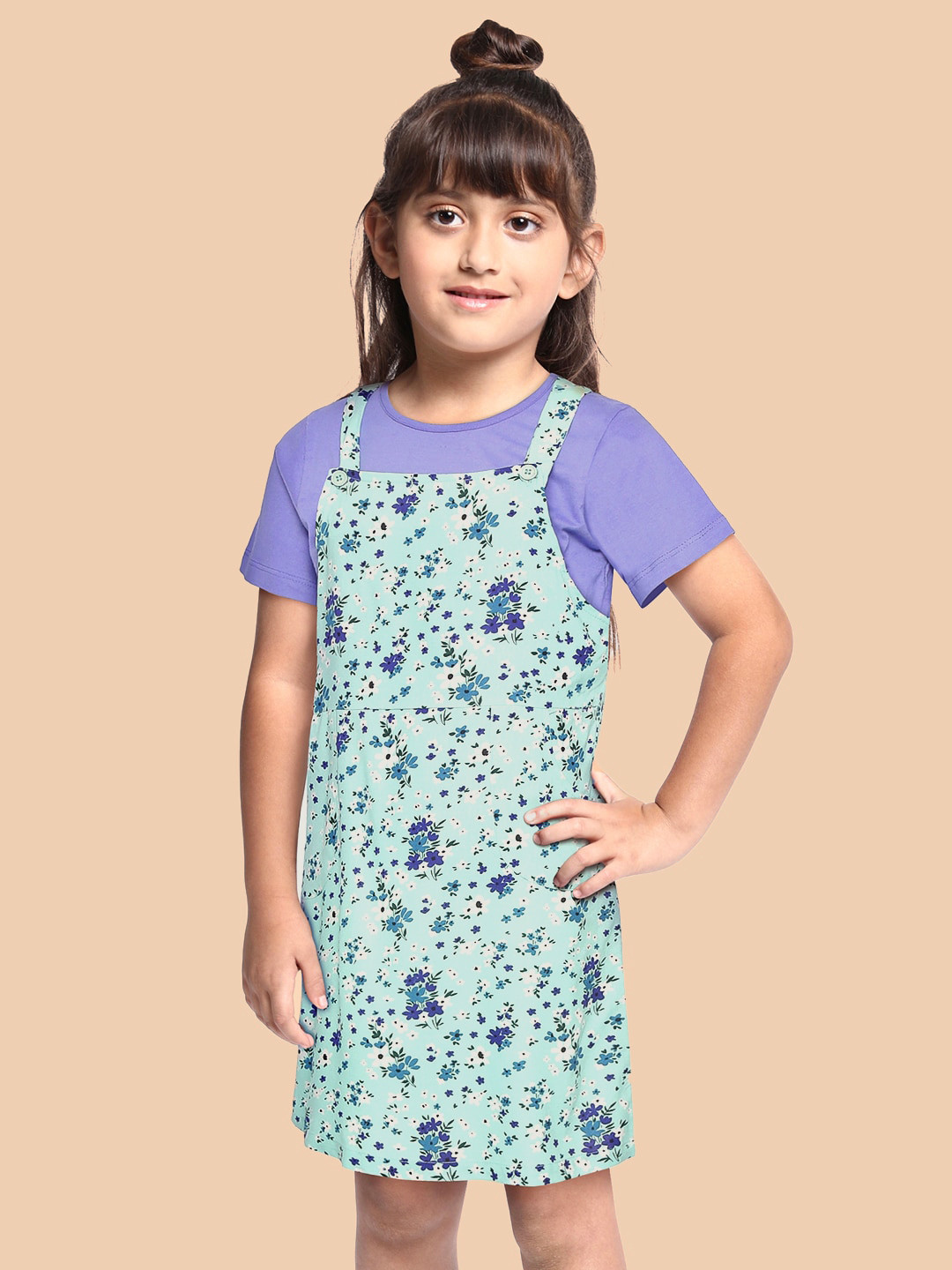 

YK Purple & Green Floral Pinafore Dress with T-shirt