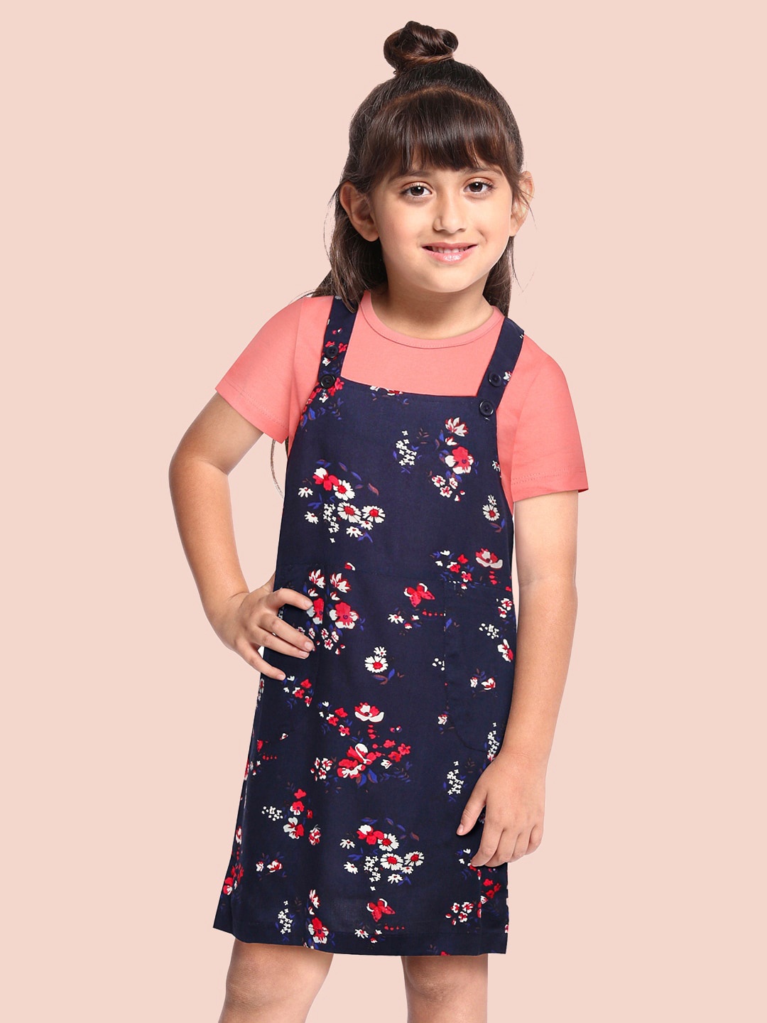 

YK Pink & Navy Blue Floral Pinafore Dress with T-shirt
