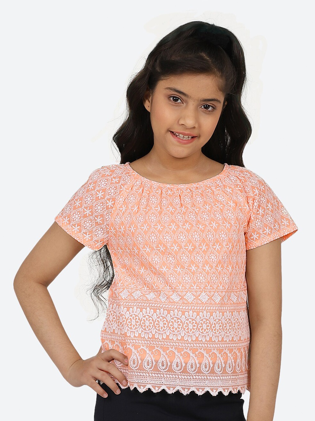 

CACA CINA Girls Peach-Coloured & White Floral Embroidered Regular Top