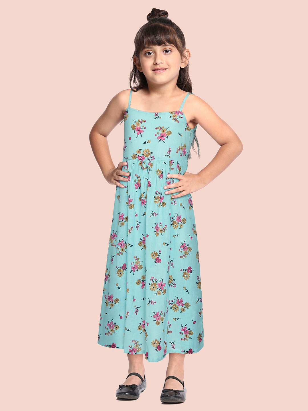 

YK Girls Blue & Pink Cotton Floral Print A-Line Dress