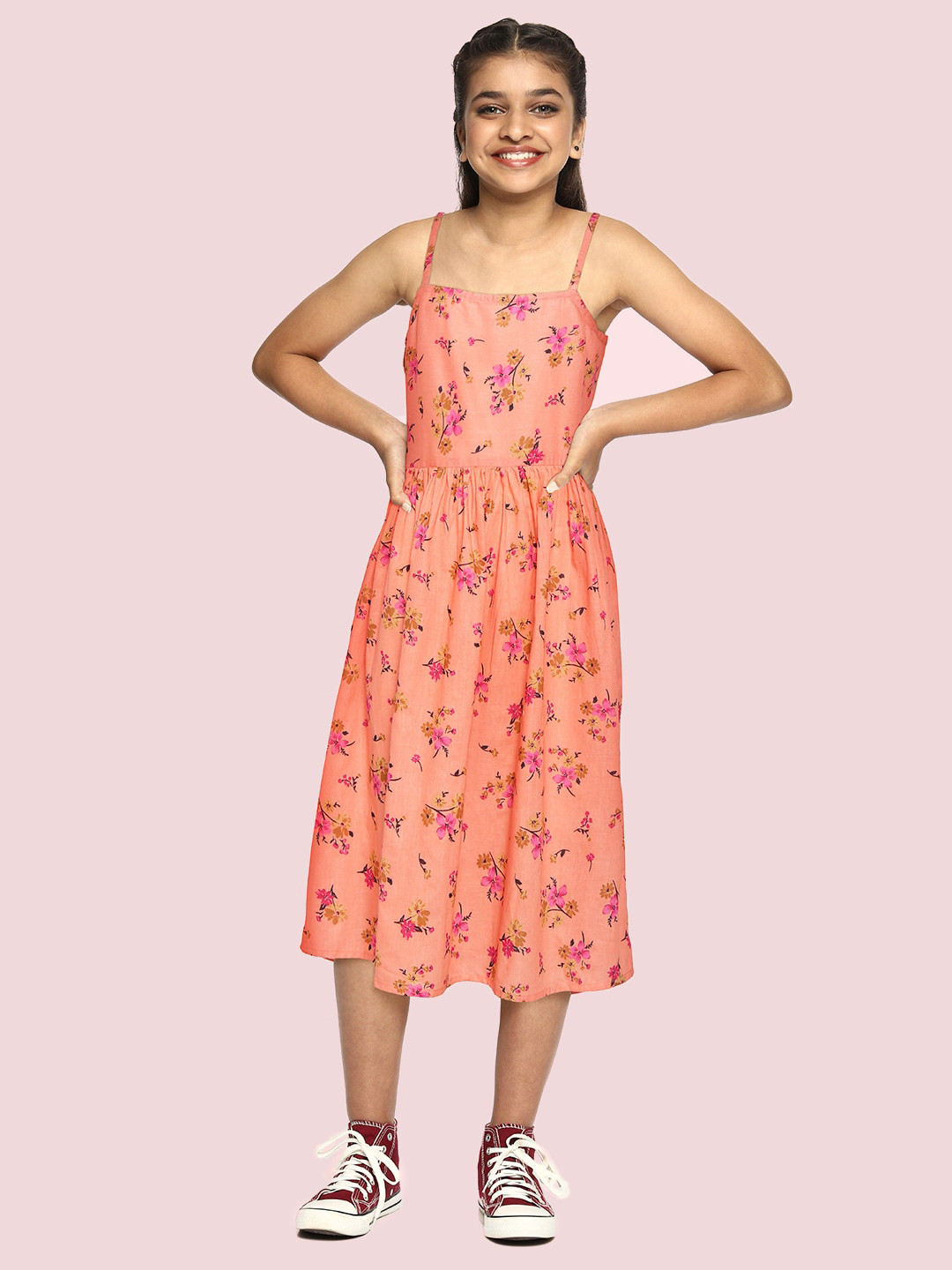 

YK Girls Pink & Beige Cotton Floral Print Fit & Flare Dress