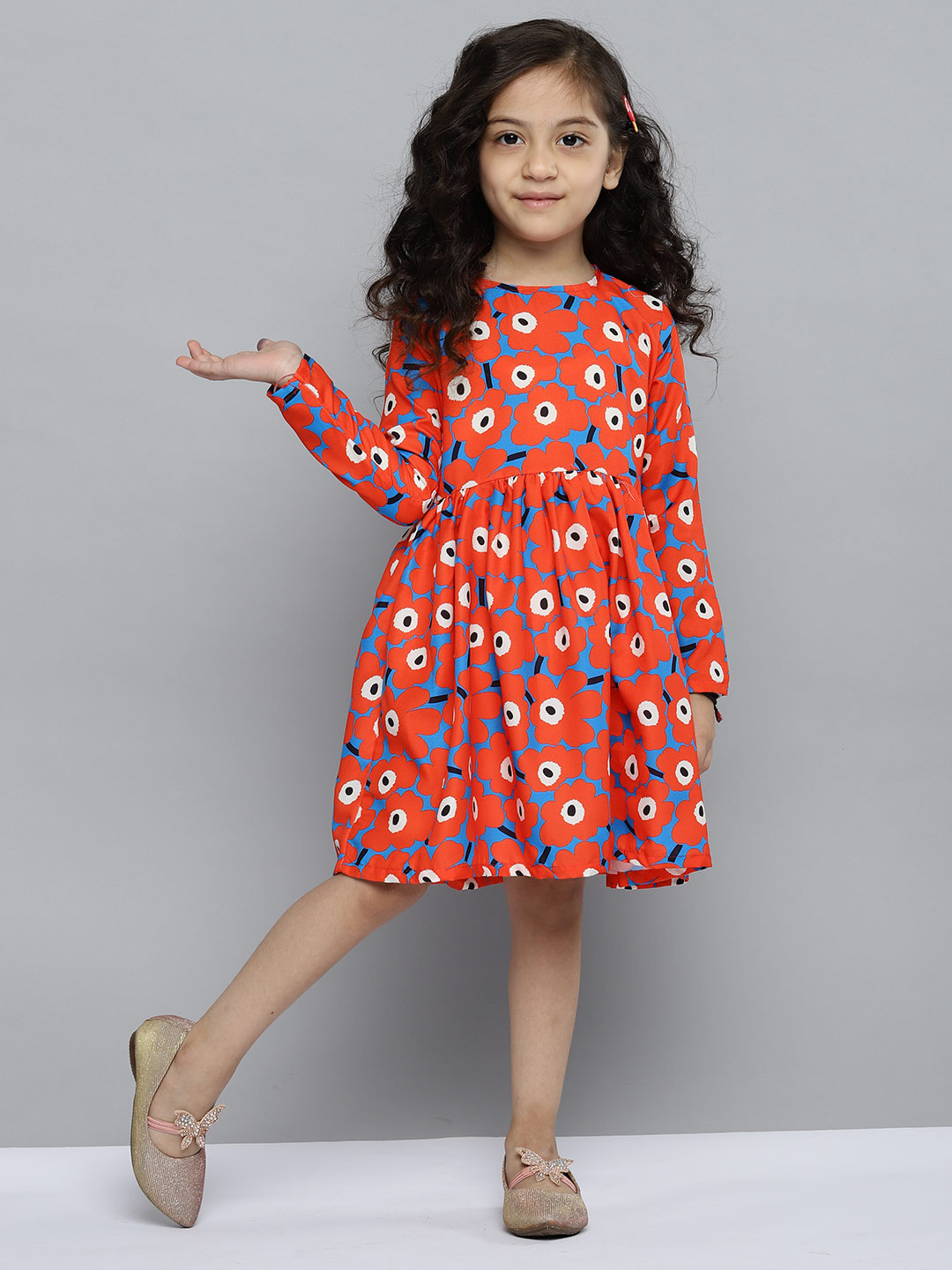 

YK Girls Red & Blue Floral Print Fit & Flare Dress