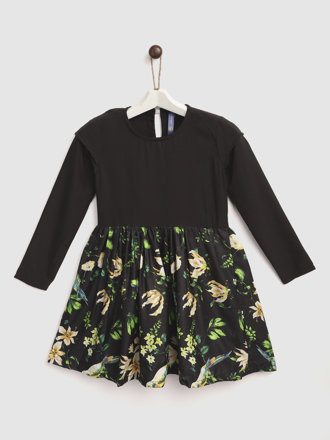 

YK Girls Black & Yellow Floral Print Fit & Flare Dress