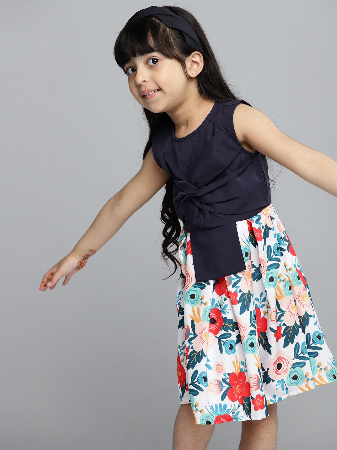 

YK Navy Blue & White Floral Print Fit & Flare Dress with Bow Detail