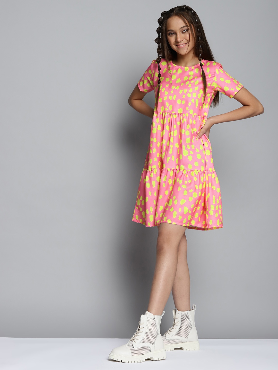 

YK Girls Pink Printed Fit & Flare Dress