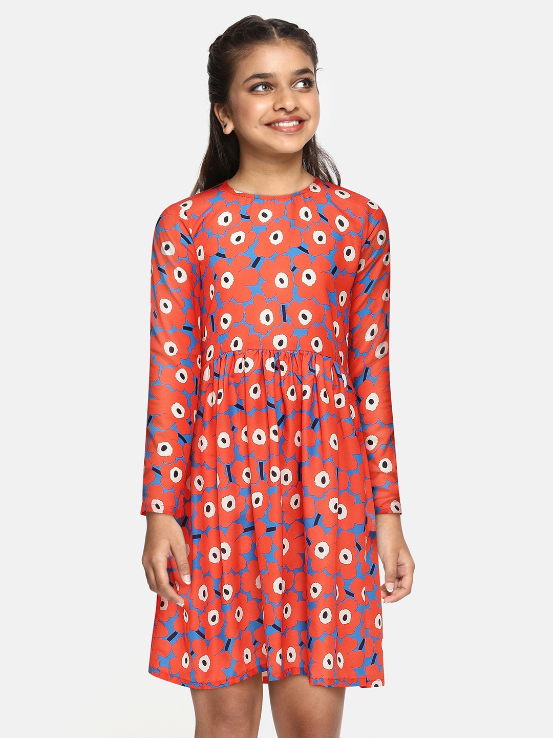

YK Girls Orange & Blue Floral Print A-Line Dress