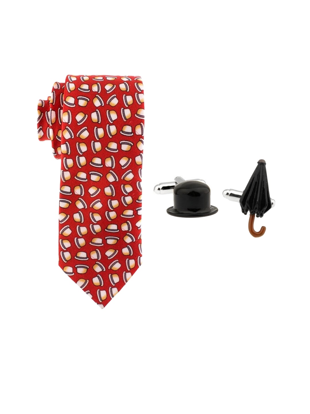 

The Tie Hub Men Pure Silk & Brass Accessory Gift Set, Red