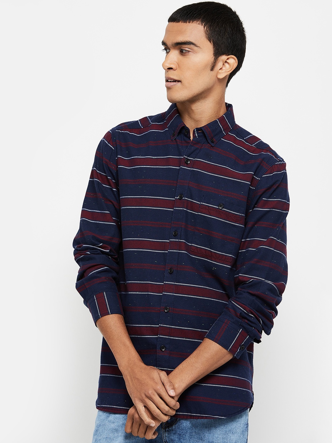 

max Men Maroon & Blue Opaque Horizontal Striped Cotton Casual Shirt