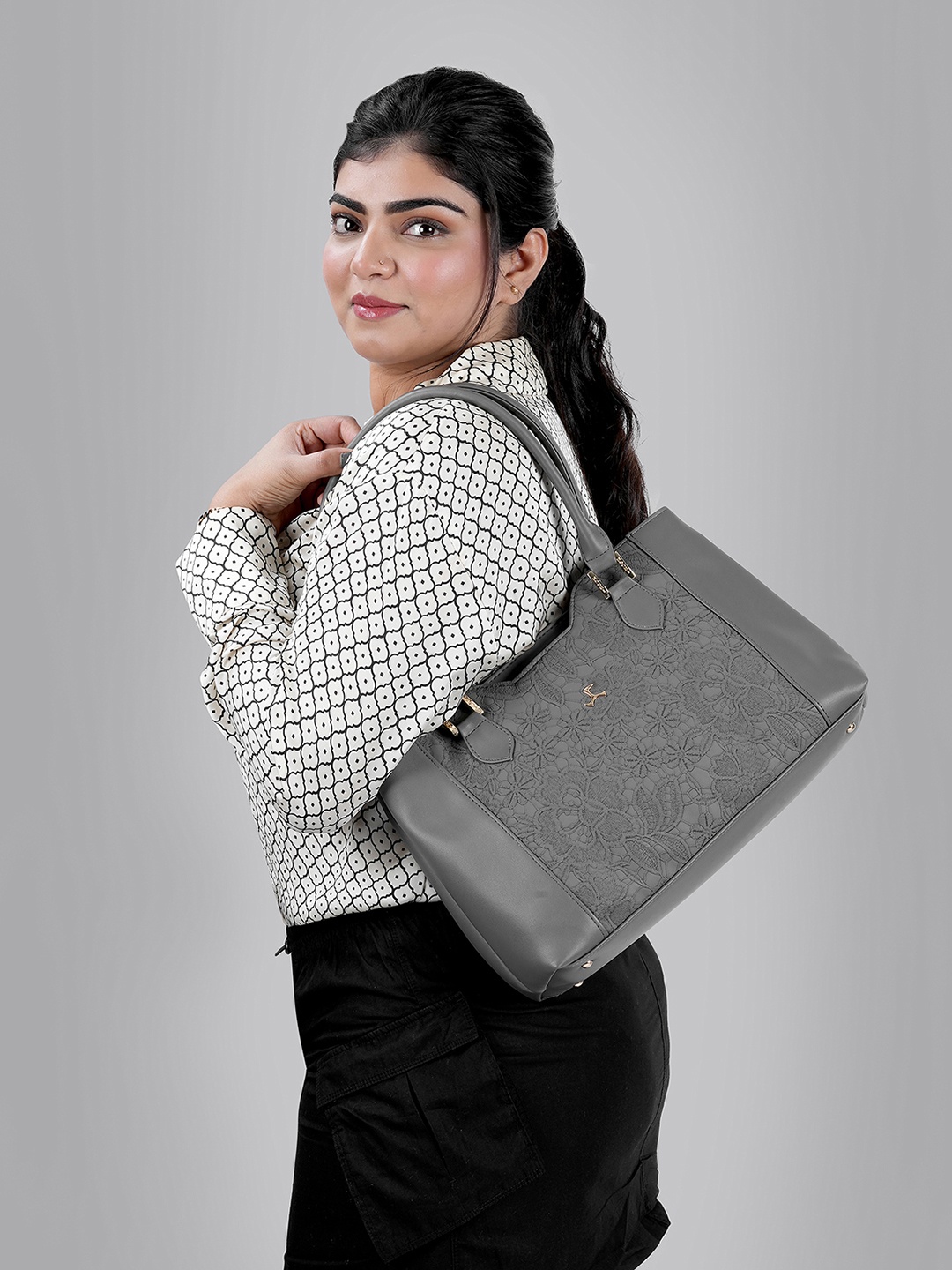 

Mochi Grey Floral PU Structured Shoulder Bag