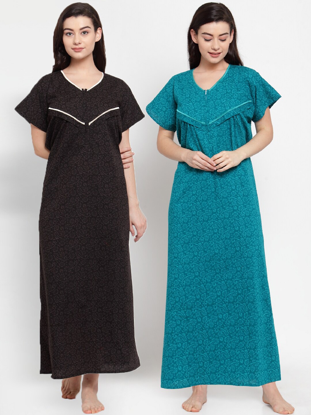 

Secret Wish Pack Of 2 Women Brown & Blue Printed Maxi Maternity Nightdress
