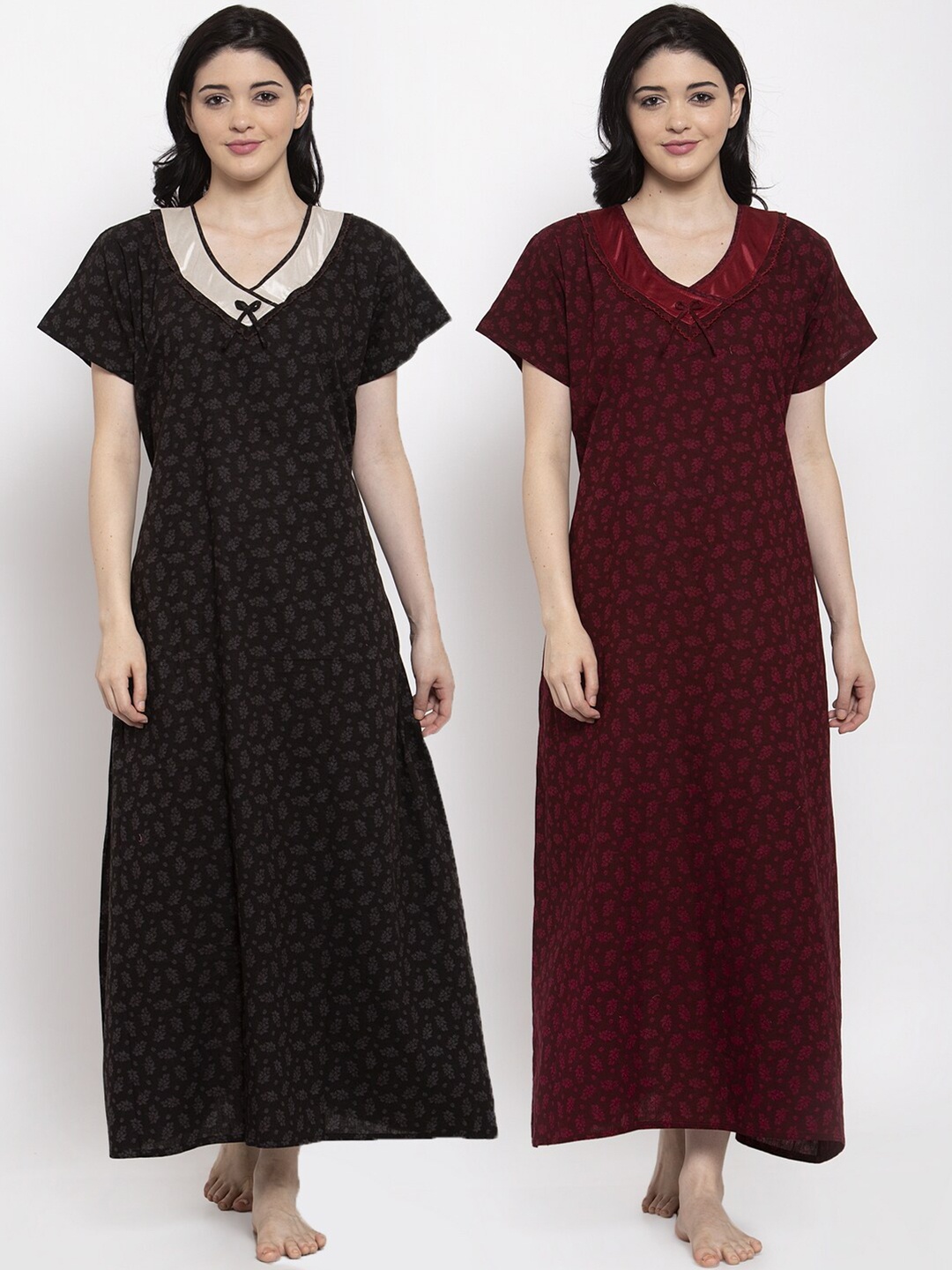 

Secret Wish Pack Of 2 Black & Maroon Floral Printed Maxi Nightdress