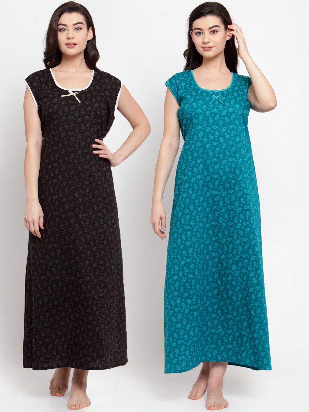 

Secret Wish Women Pack of 2 Black & Teal Printed Maxi Nightdress