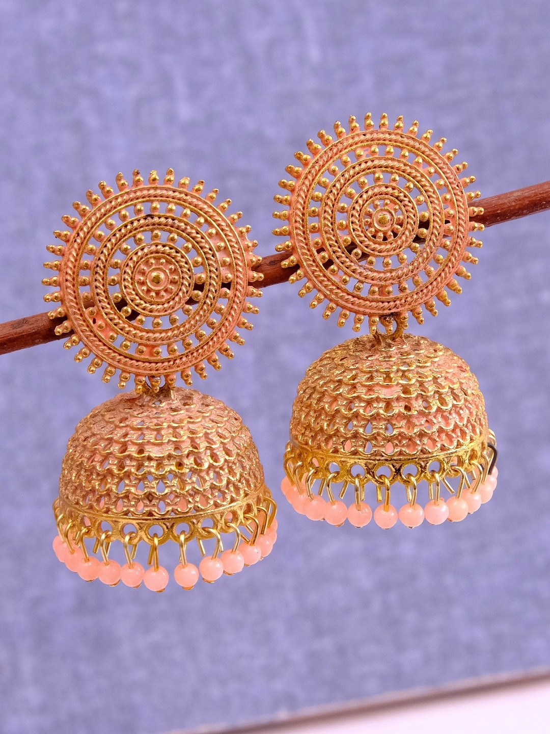 

Crunchy Fashion Gold Plated Pink Dome Shaped Jhumkas Earrings