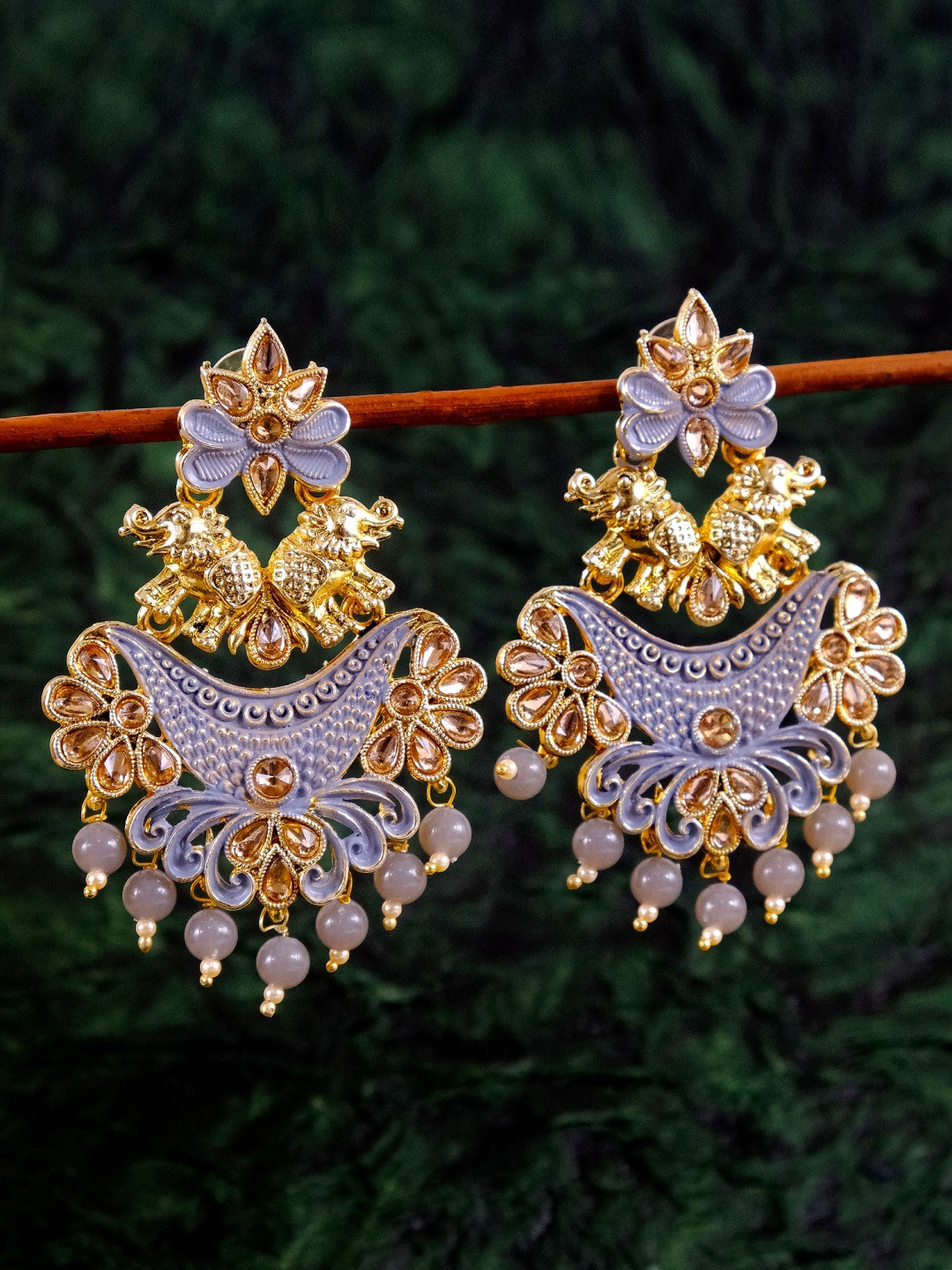

Crunchy Fashion Gold Plated Gold-Toned & Purple Elephant Design Drop Earrings