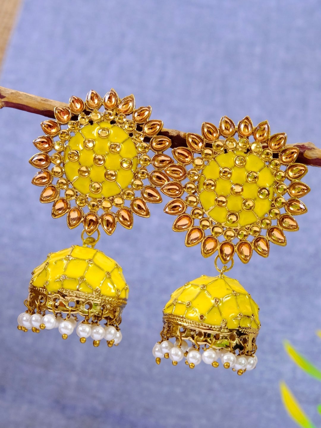 

Crunchy Fashion Gold-Toned & Yellow Dome Shaped Jhumkas Earrings