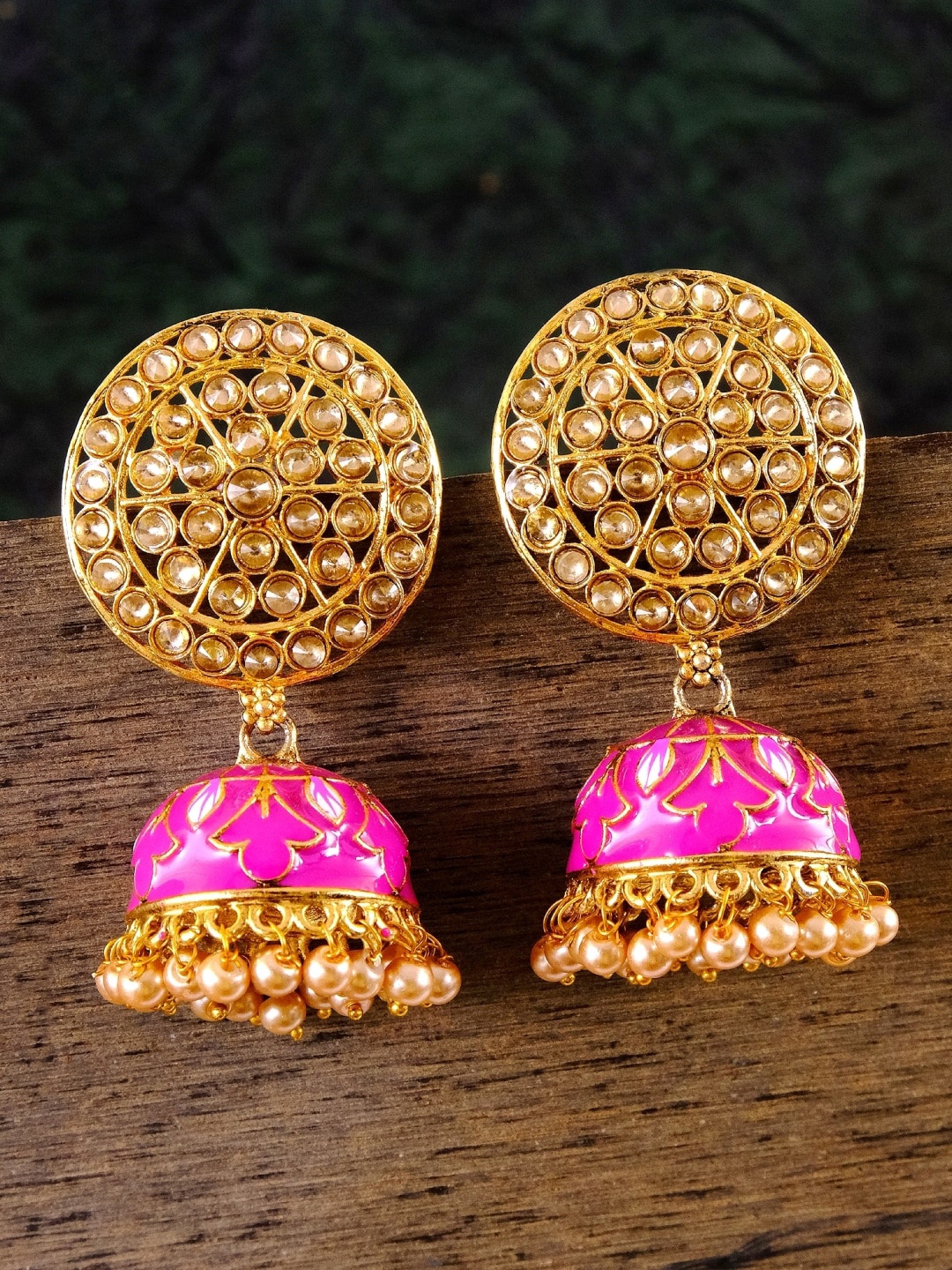 

Crunchy Fashion Gold-Plated & Pink Dome Shaped Jhumkas