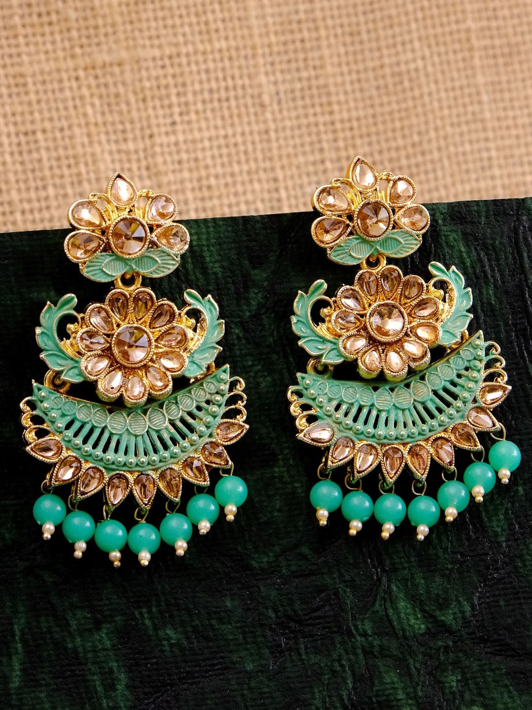 

Crunchy Fashion Gold Plated Gold Toned& Green Contemporary Drop Earrings