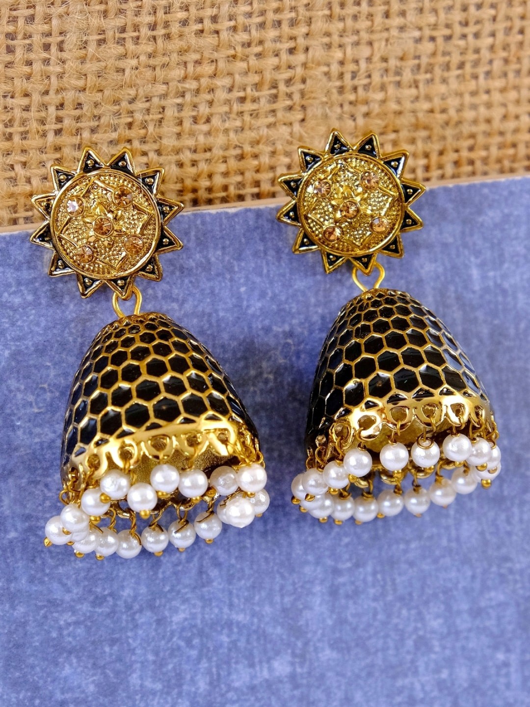 

Crunchy Fashion Gold Plated Black Dome Shaped Jhumkas Earrings