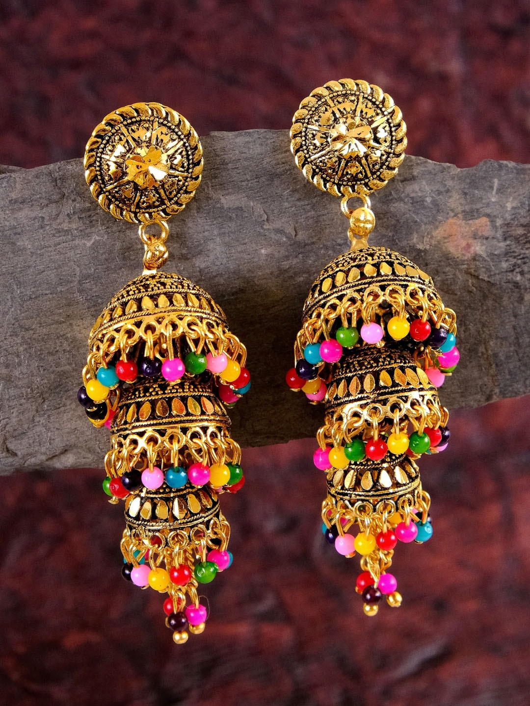 

Crunchy Fashion Gold-Plated Gold-Toned Multicolor & Multilayer Jhumkas Earrings