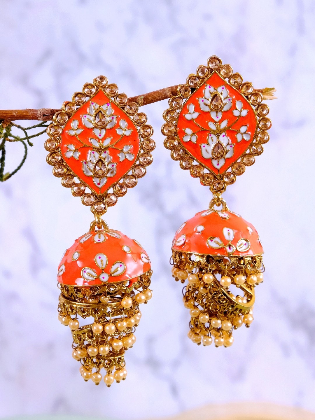 

Crunchy Fashion Gold Plated Orange Dome Shaped Jhumkas Earrings