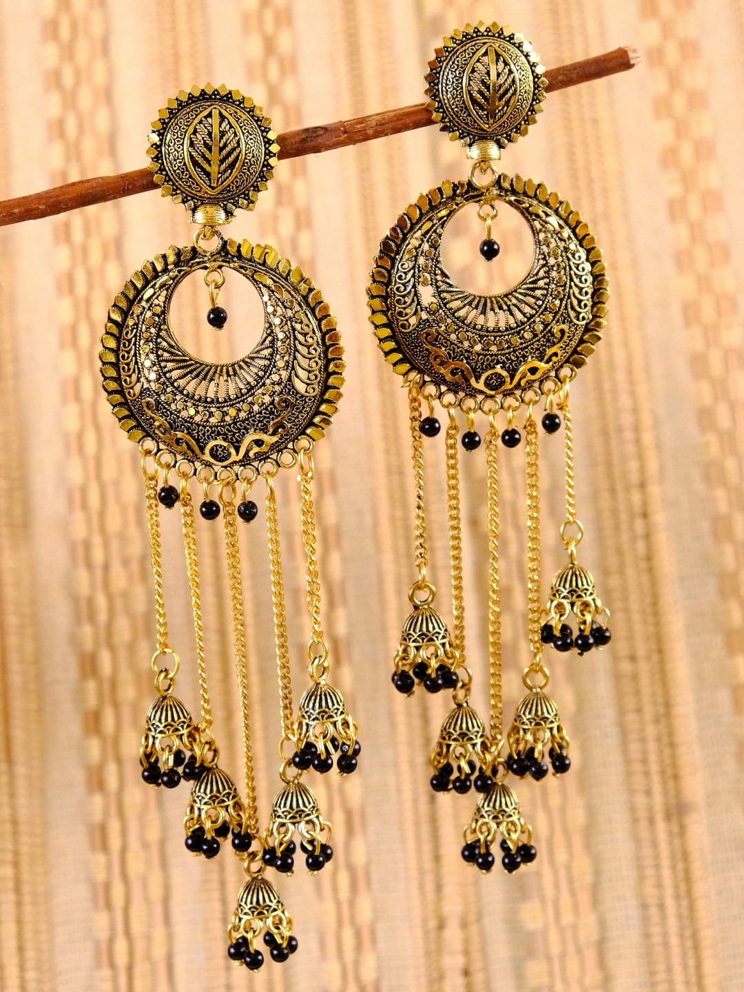 

Crunchy Fashion Gold-Plated Gold-Toned & Black Beaded Multilayer Jhumkas Earrings