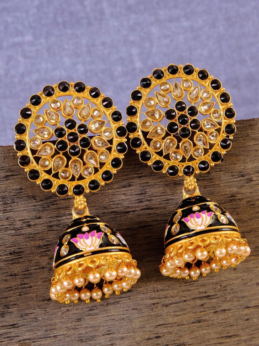 

Crunchy Fashion Gold-Toned & Black Dome Shaped Jhumkas Earrings