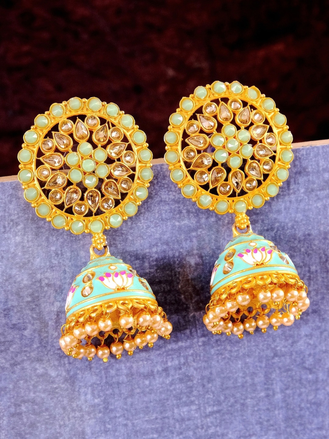 

Crunchy Fashion Gold-Toned & Green Dome Shaped Jhumkas Earrings
