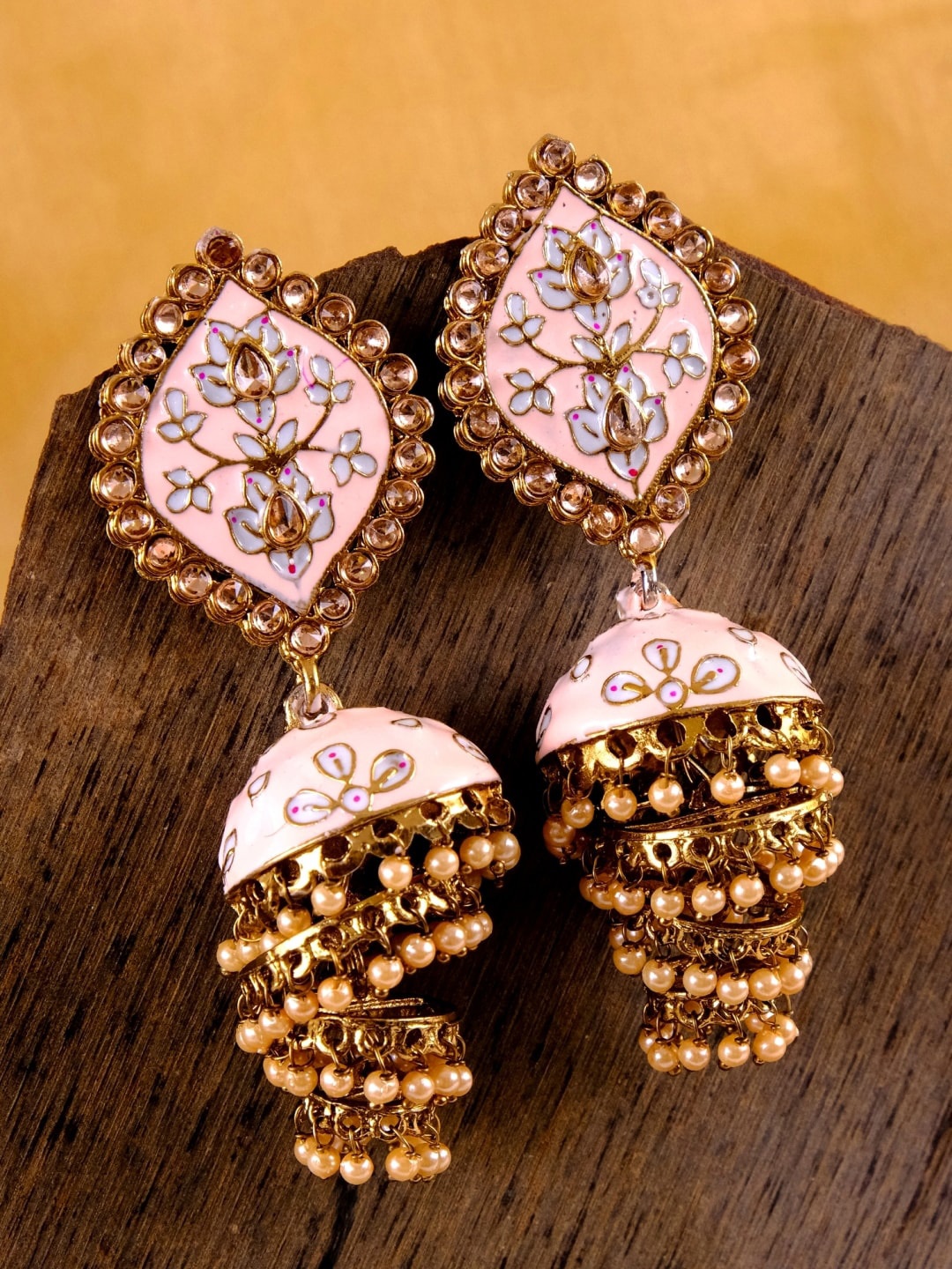 

Crunchy Fashion Gold-Plated & Pink Contemporary Jhumkas Earrings