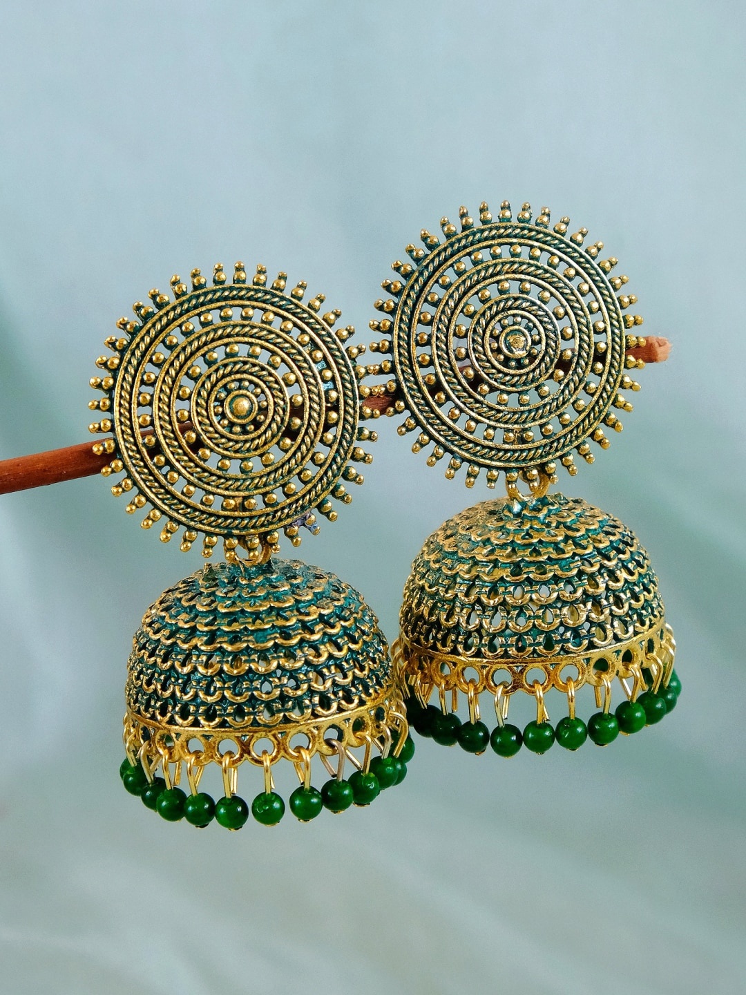 

Crunchy Fashion Gold-Plated Gold-Toned & Green Circular Jhumkas Earrings