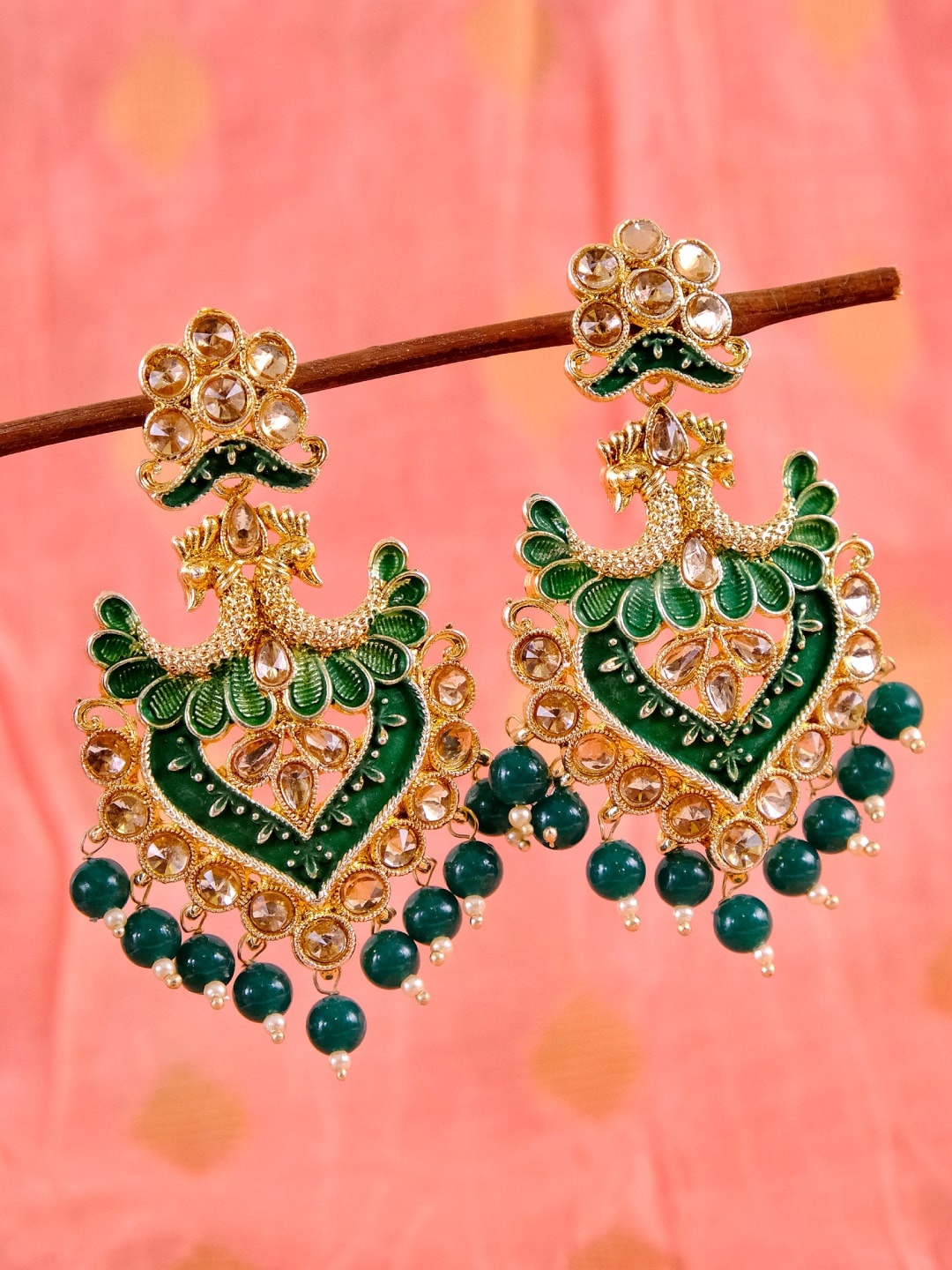 

Crunchy Fashion Gold Plated Green Peacock Shaped Drop Earrings