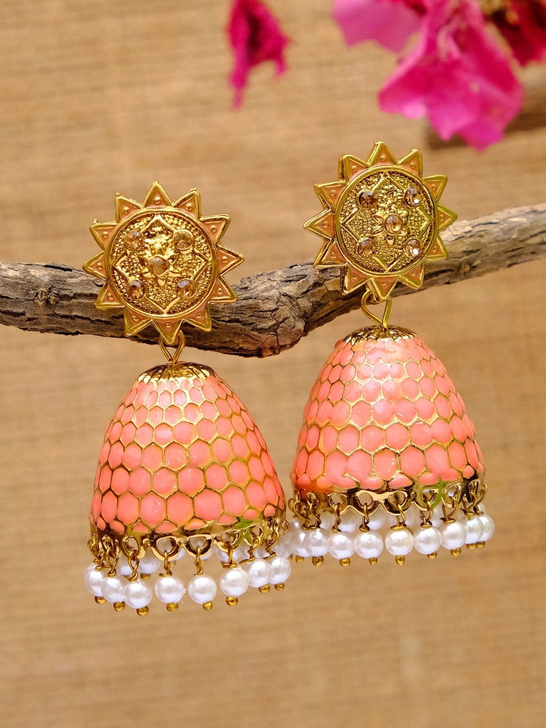 

Crunchy Fashion Gold Plated Pink Dome Shaped Jhumkas Earrings