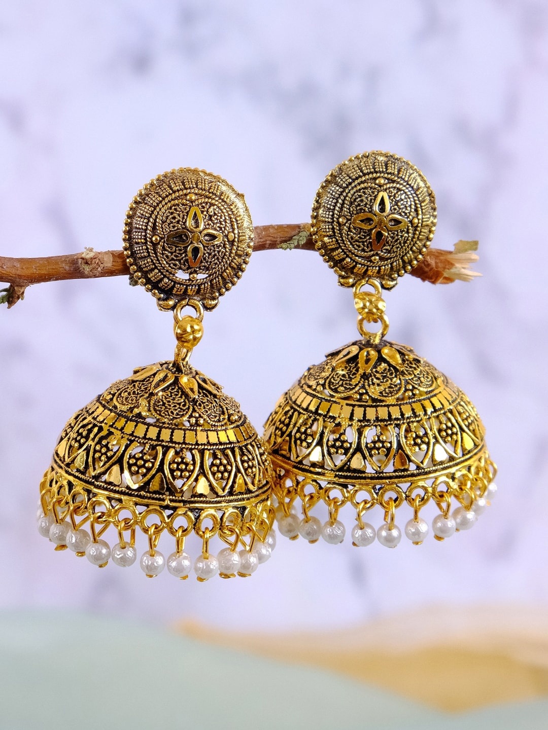 

Crunchy Fashion Gold-Plated Gold-Toned Contemporary Jhumkas Earrings