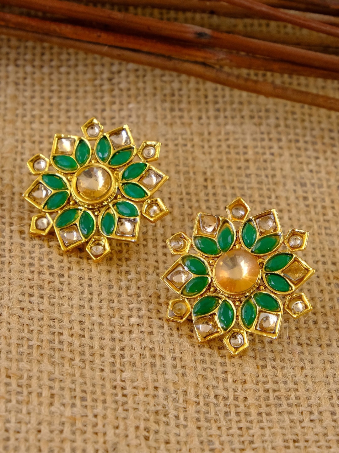

Crunchy Fashion Gold-Plated Gold-Toned & Green Floral Studs Earrings