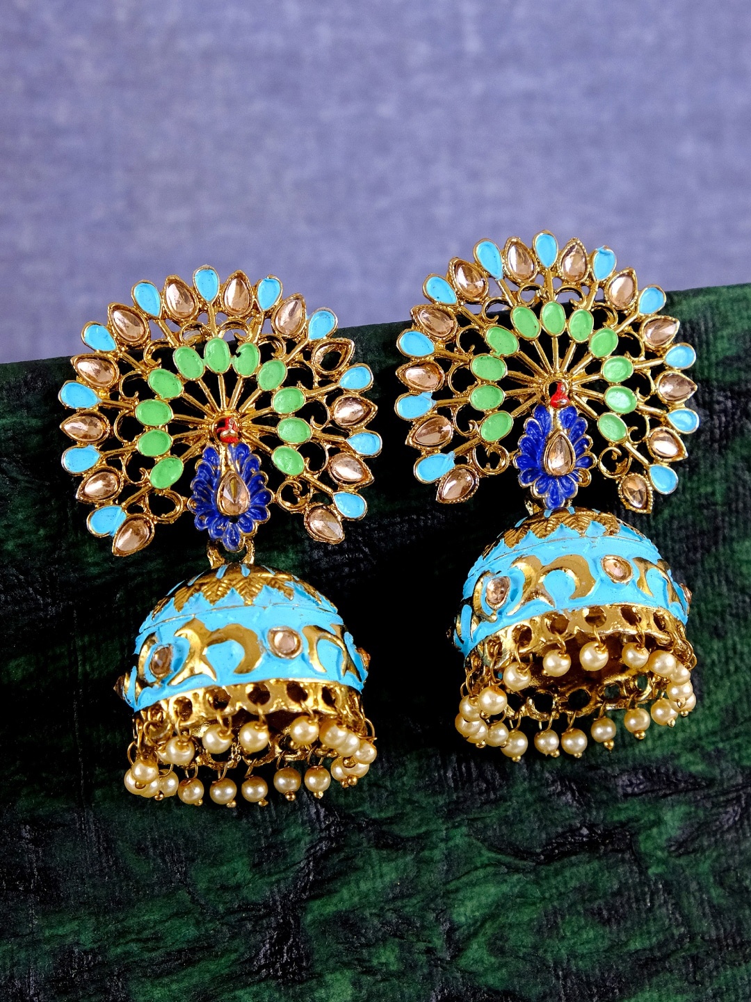 

Crunchy Fashion Gold-Toned & Blue Peacock Shaped Jhumkas Earrings