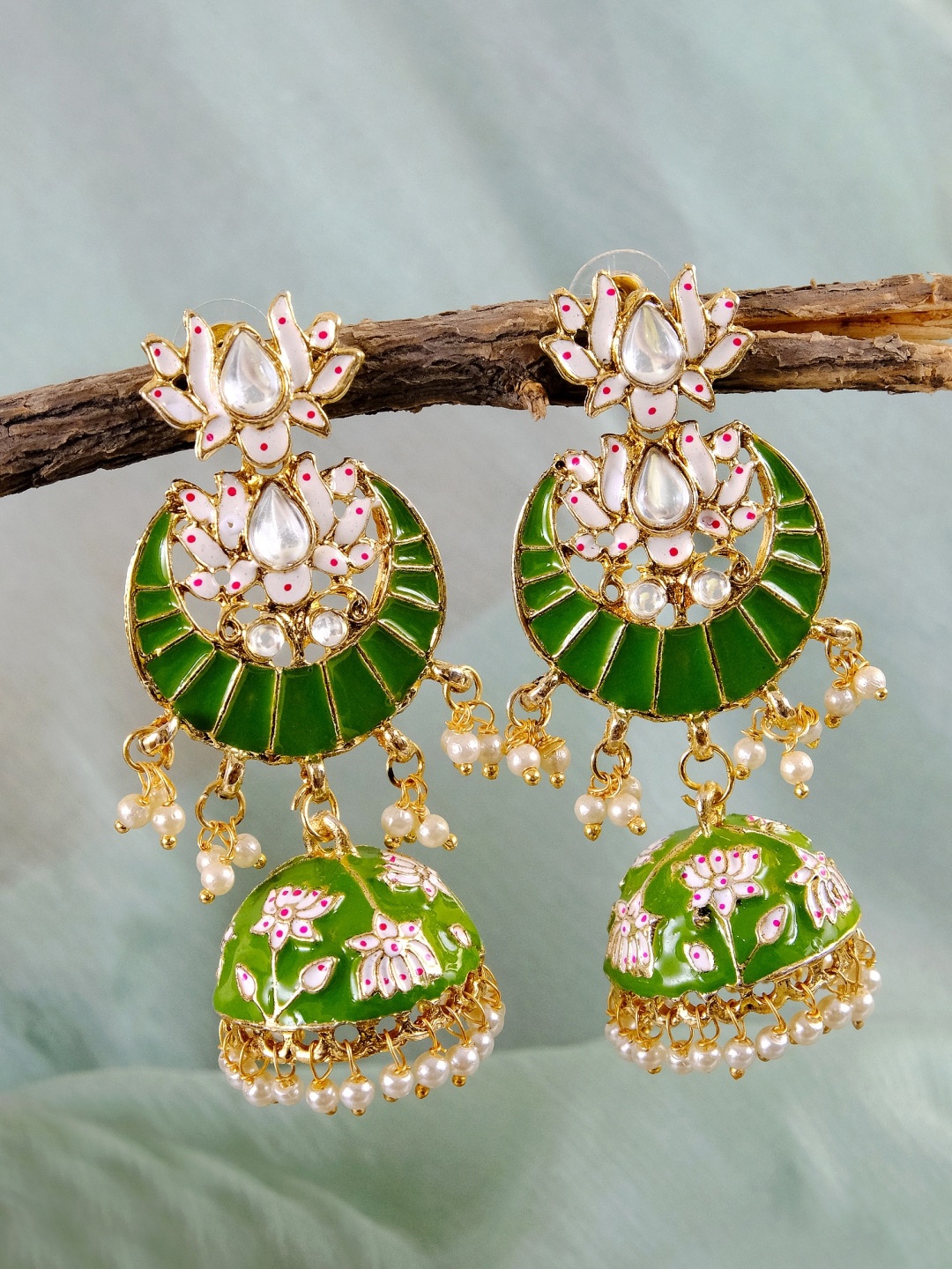 

Crunchy Fashion Gold-Plated & Green Contemporary Jhumkas