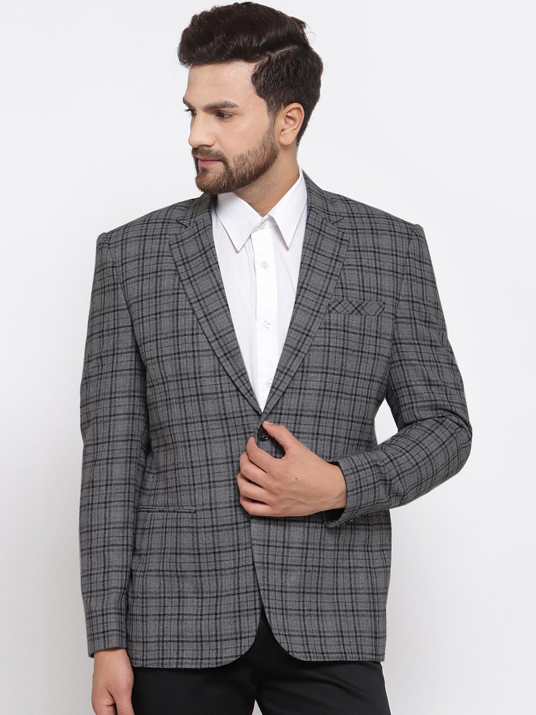 

KLOTTHE Men Grey & Black Checked Slim-Fit Single-Breasted Formal Blazer