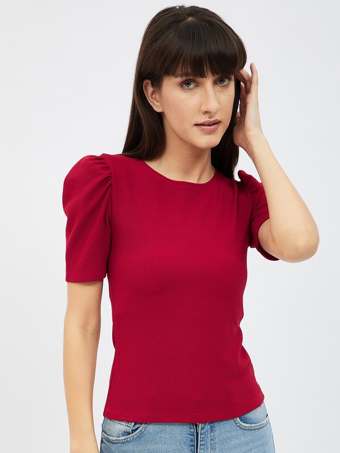 

Harpa Women Maroon Puff Sleeve Regular Top