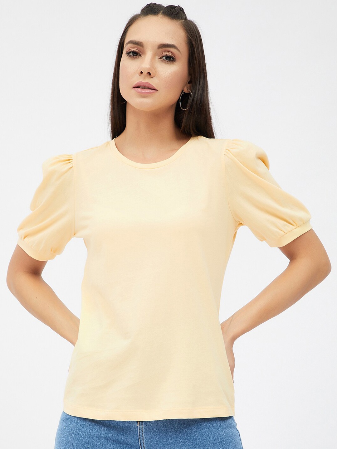 

Harpa Women Yellow Puff Sleeves Cotton Pure Cotton T-shirt