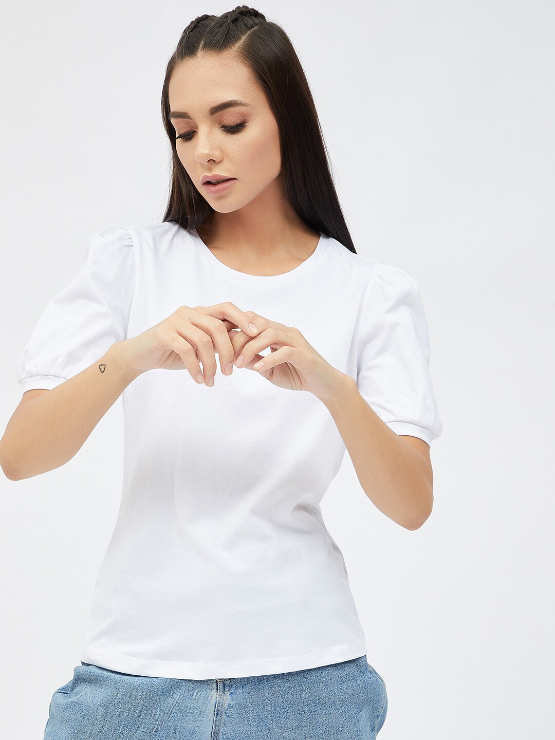 

Harpa Women White Puff Sleeves Pure Cotton T-shirt