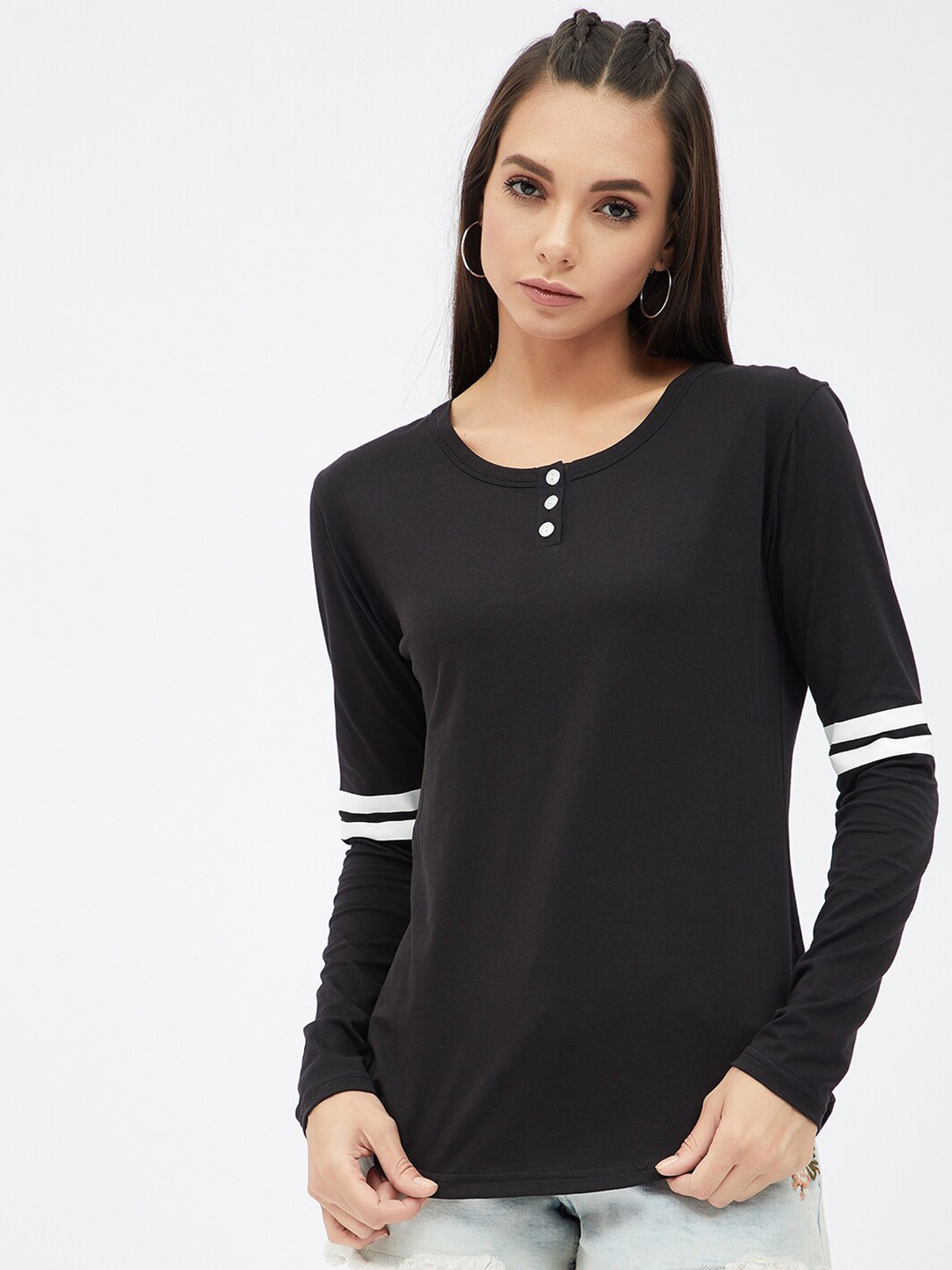 

Harpa Women Black Henley Neck Extended Sleeves Cut Outs T-shirt