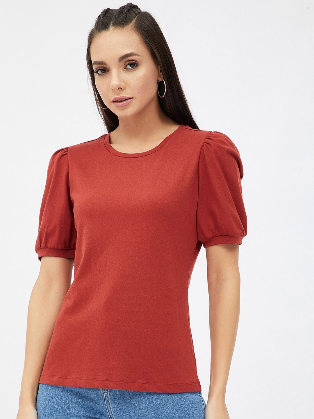 

Harpa Women Rust Solid Puff Sleeves T-shirt