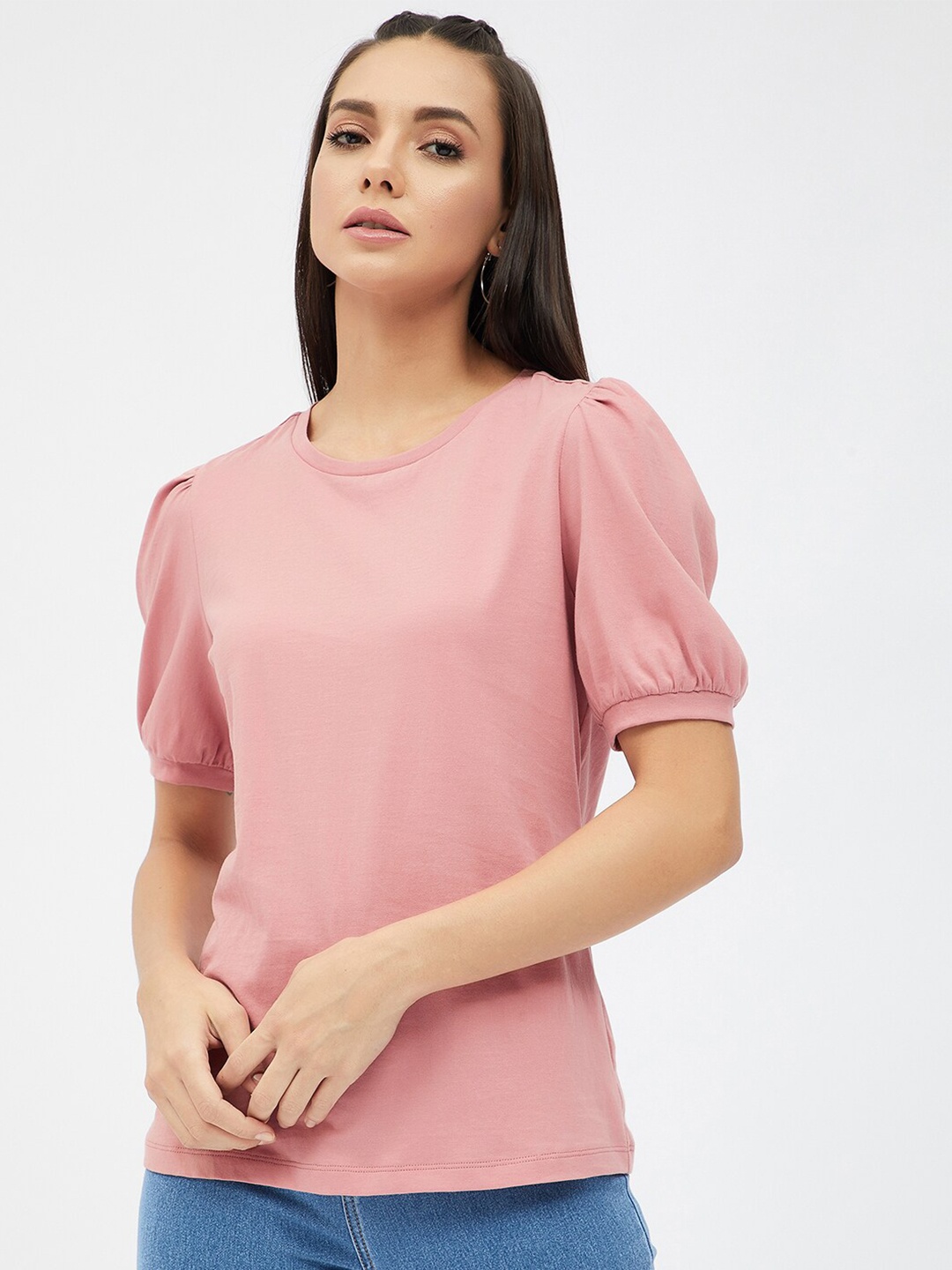 

Harpa Women Pink Puff Sleeve Pure Cotton T-shirt