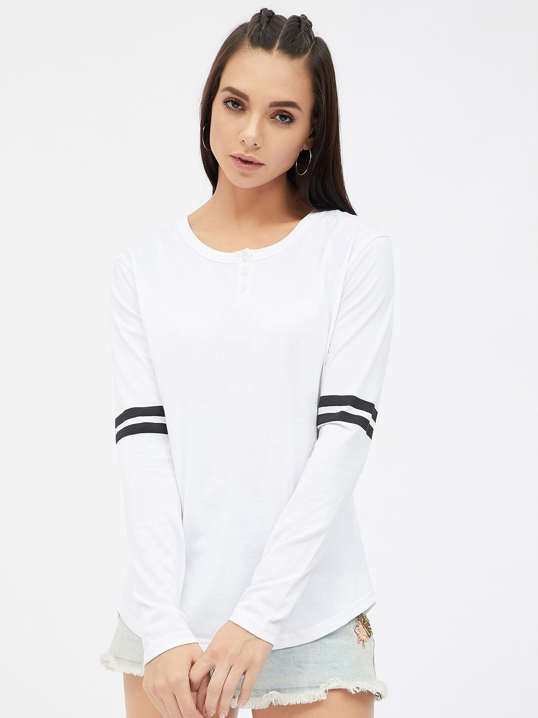 

Harpa Women White Henley Neck Cotton Pure Cotton T-shirt