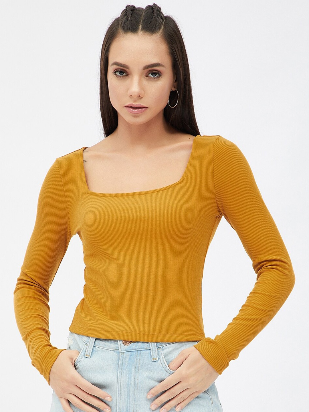 

Harpa Women Mustard Yellow Solid Fitted Crop Top