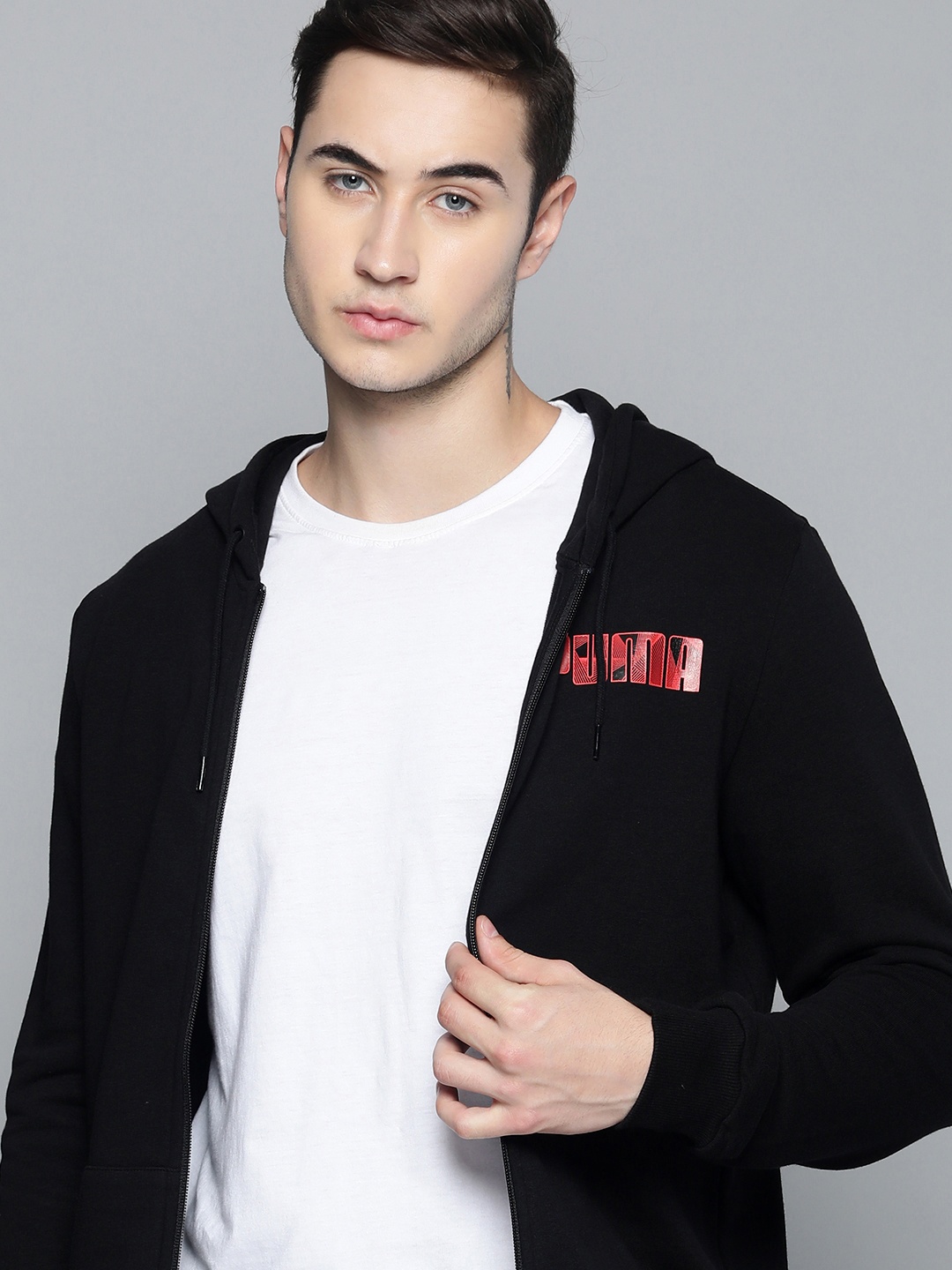 

Puma Men Black Brand Logo Printed Full Sleeved Hooded Track Sweatshirt
