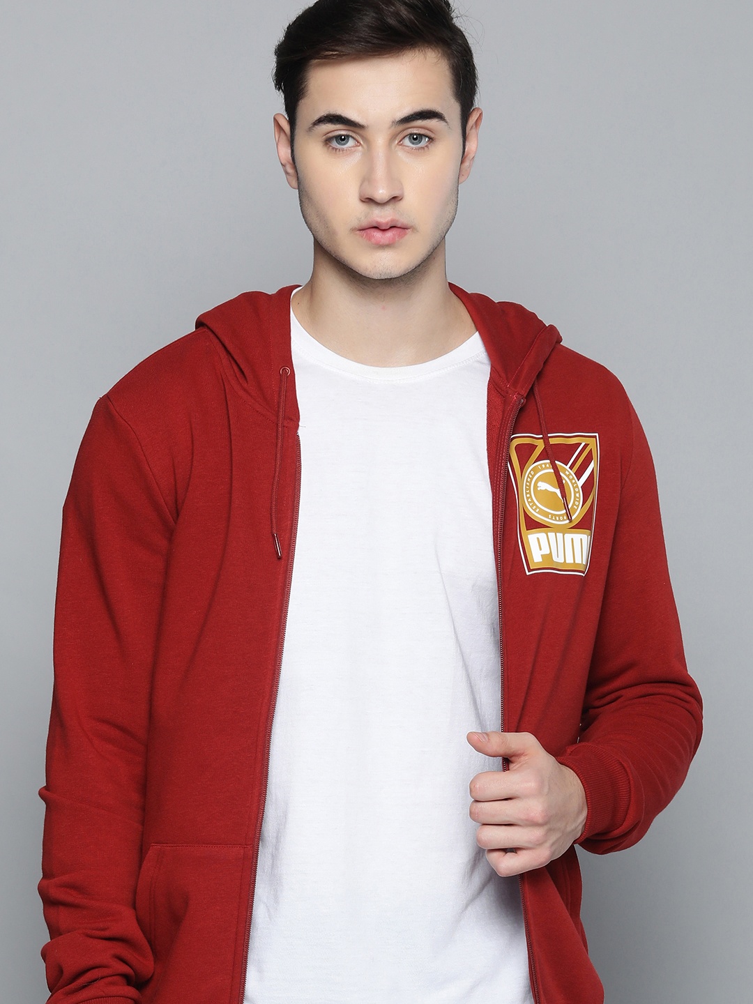 

Puma Men Red Brand Logo Printed Hood Open Front Jacket