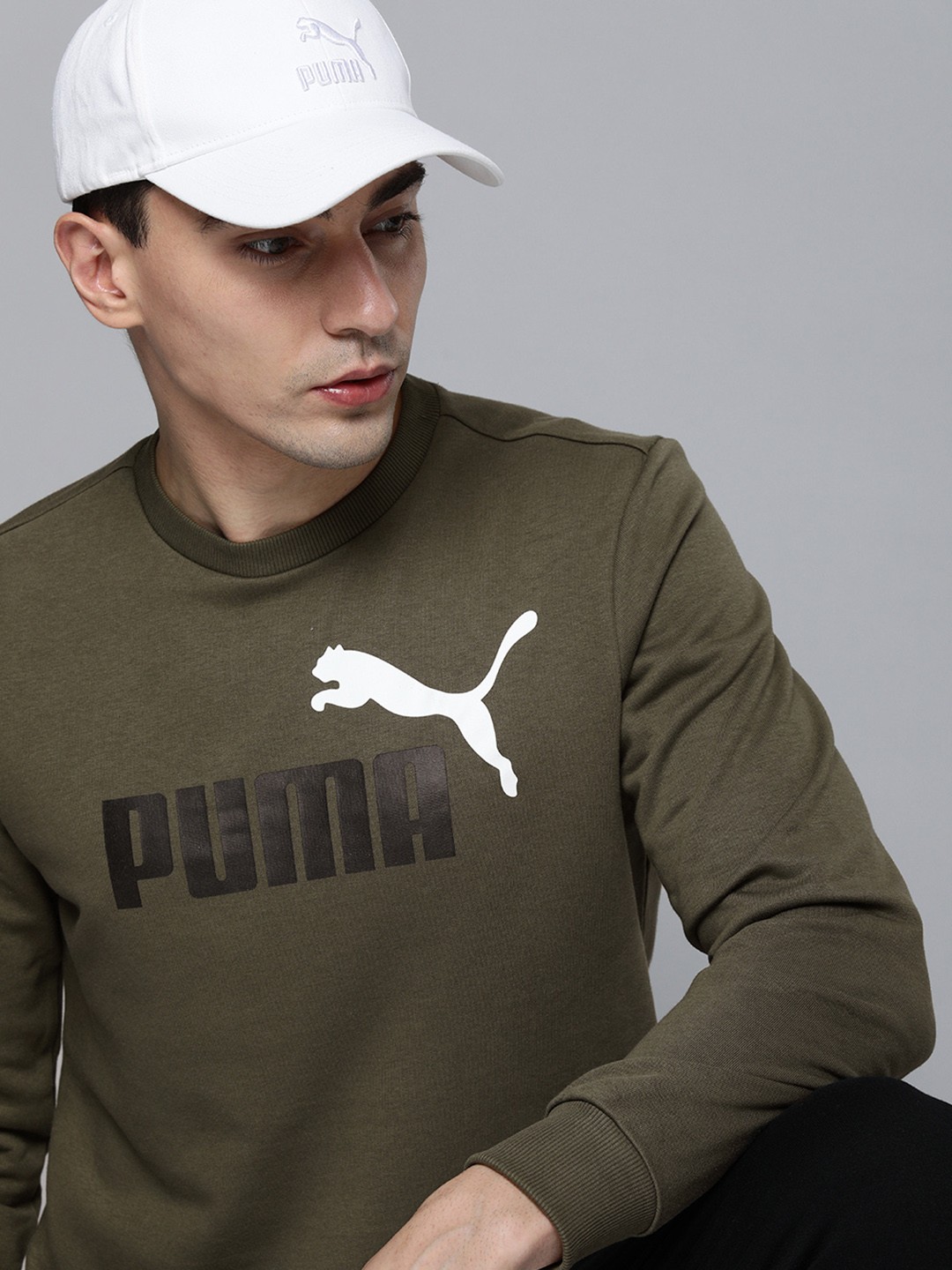 

Puma Men Olive Green Printed Big Logo Crew Sweatshirt