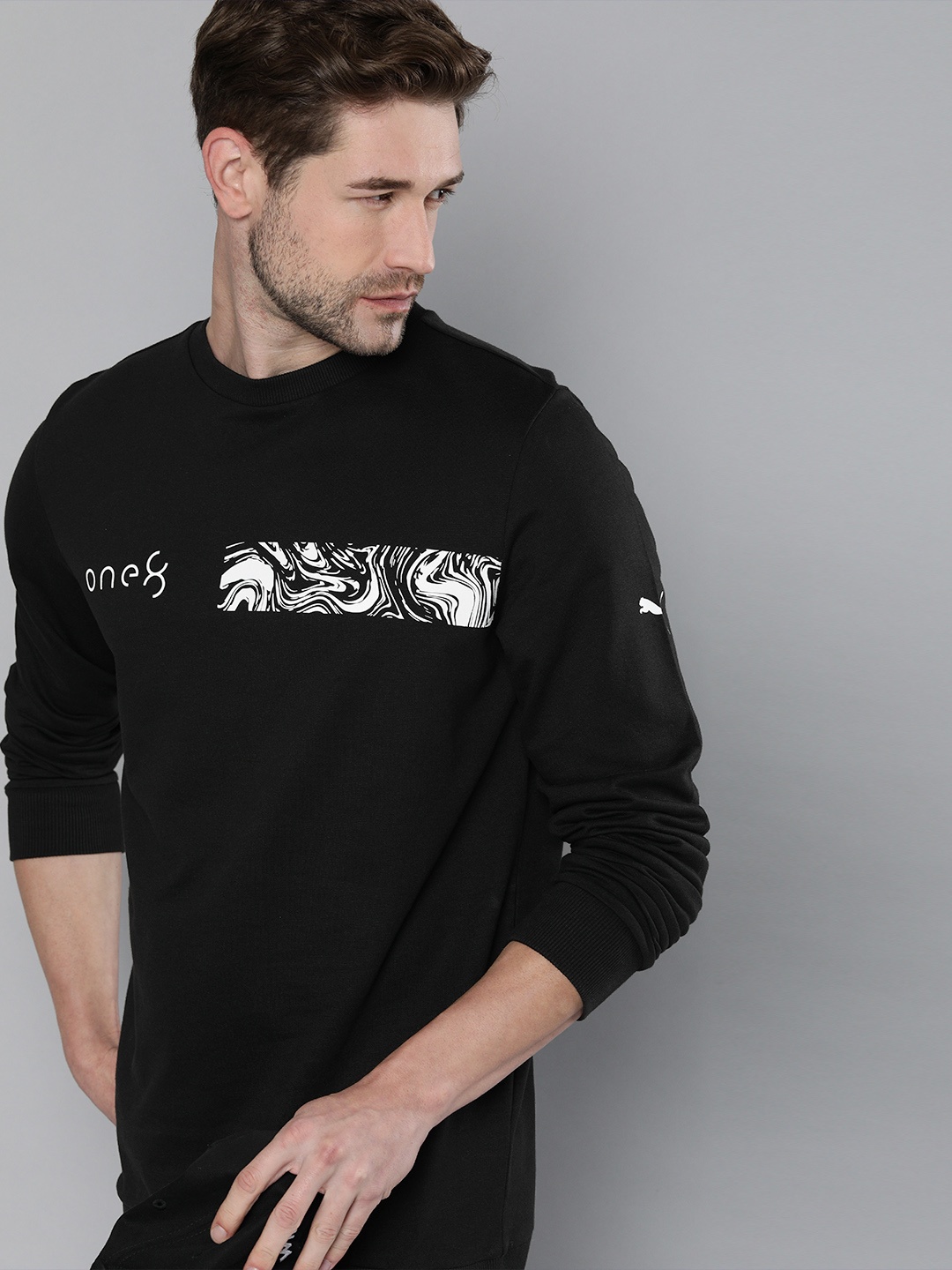 

one8 x PUMA Men Black Graphic Printed Crew Pullover Sweatshirt