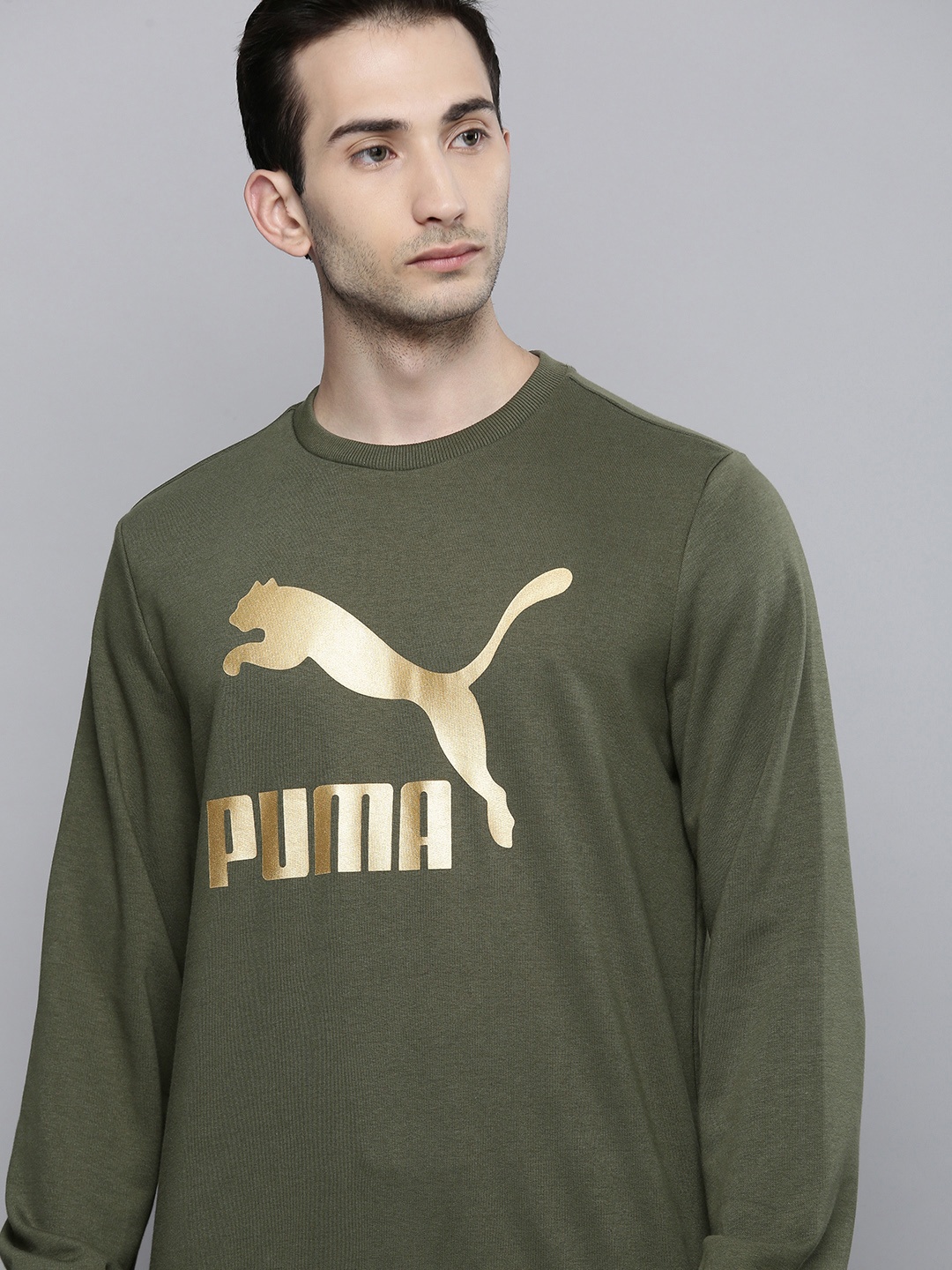 

Puma Men Olive Green Printed Classics Logo Crew Sweatshirt