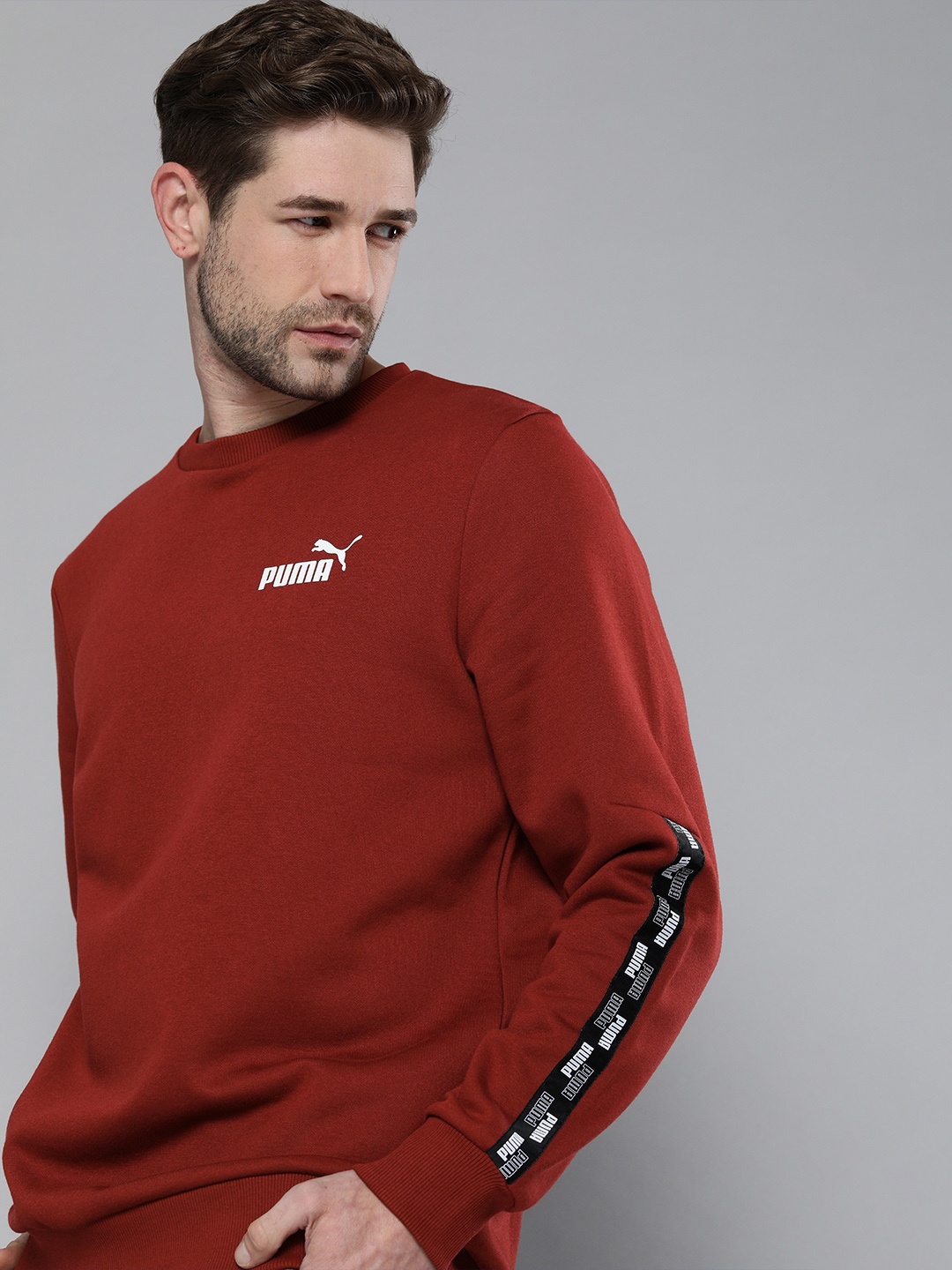 

Puma Men Maroon Logo Printed Antimicrobial POWER Tape Crew Pullover Sweatshirt